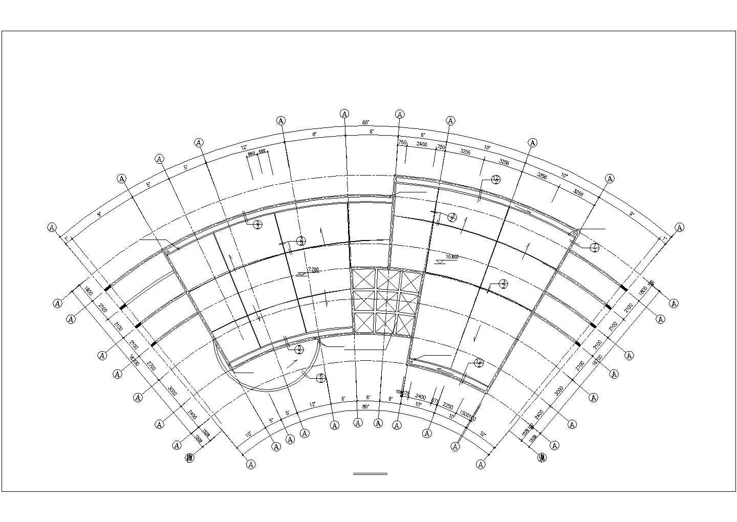 1100平米3层扇形框架结构社区会所平立剖面设计CAD图纸