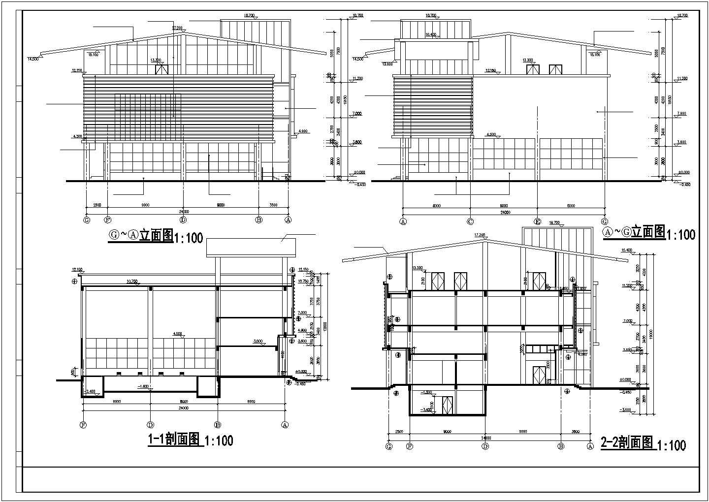 某小区2920平米3层框架结构休闲会所全套平立剖面设计CAD图纸