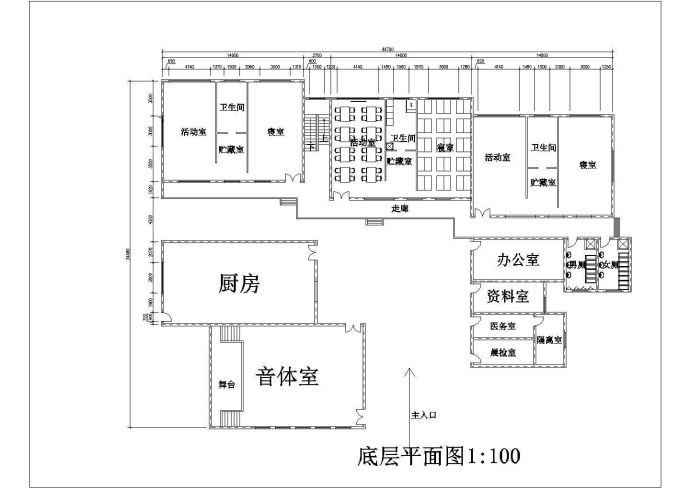 某长44.7米 宽34.48米 2层2100平米6班幼儿园设计cad建筑方案图_图1