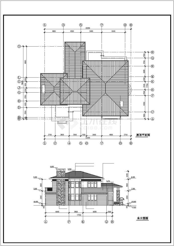 扬州市某别墅区410平米2层框架结构单体别墅平立剖面设计CAD图纸-图二