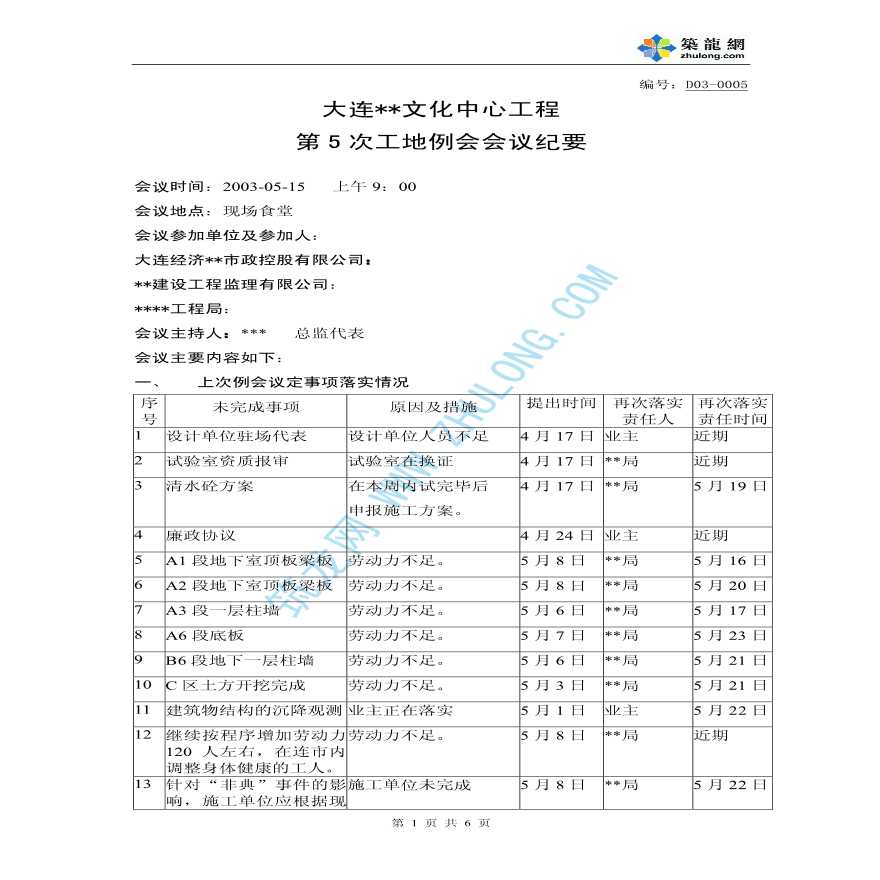 大连市某文化中心工程第五次工地会议纪要-图一