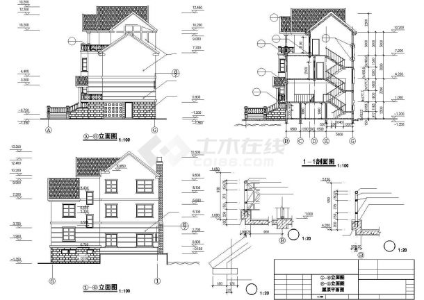 410平米3层框架结构单体别墅建筑设计CAD图纸（含夹层和效果图）-图一