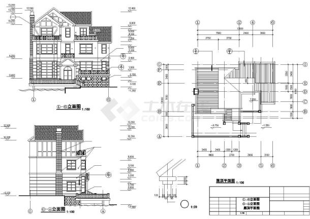 410平米3层框架结构单体别墅建筑设计CAD图纸（含夹层和效果图）-图二