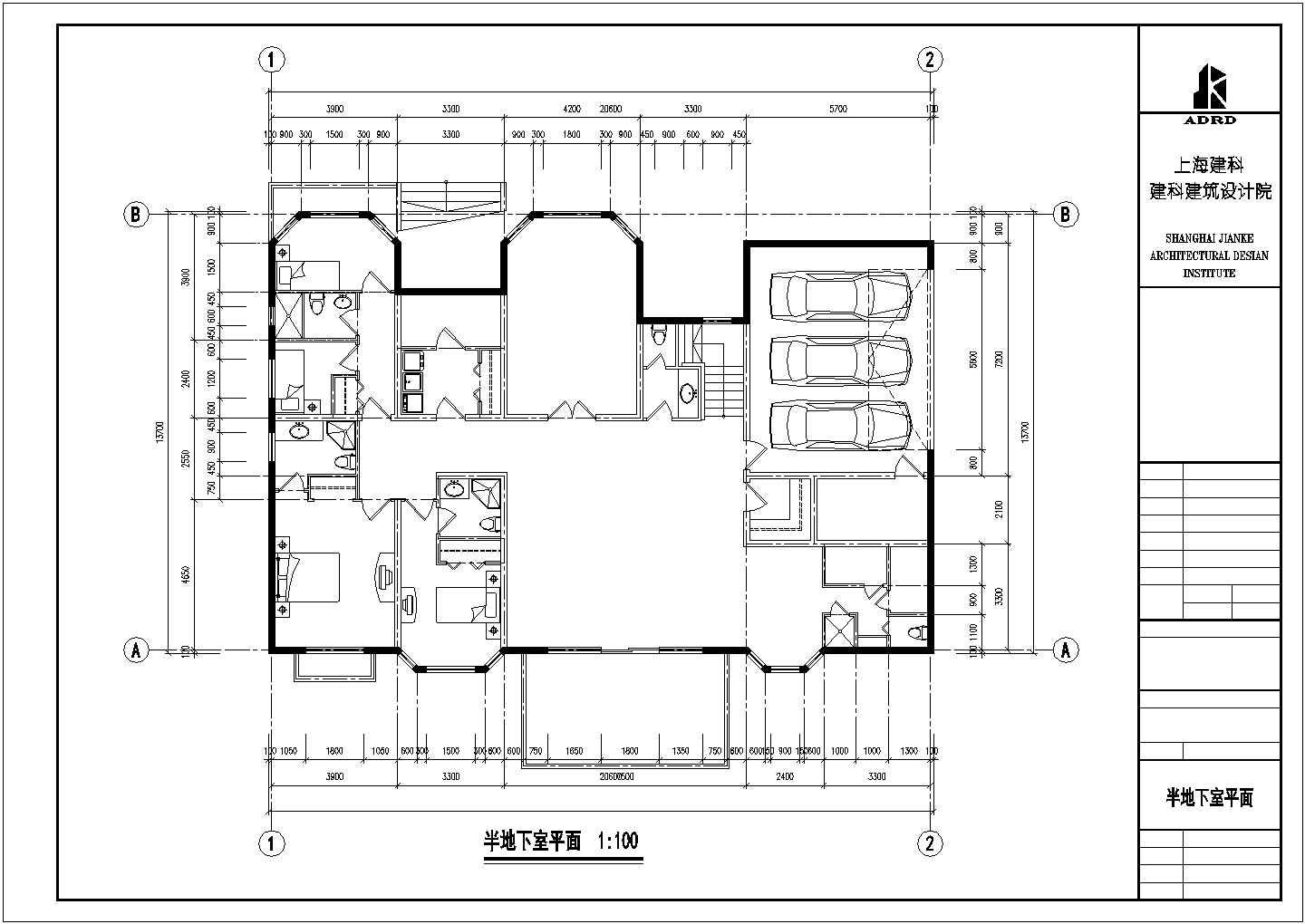 725平米2层框混结构单体别墅平面设计CAD图纸（含半地下室）