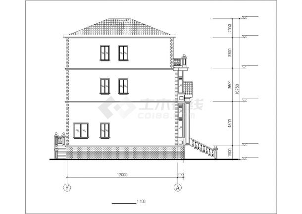 占地121平米3层框混结构单体别墅平立剖面设计CAD图纸（含效果图）-图二