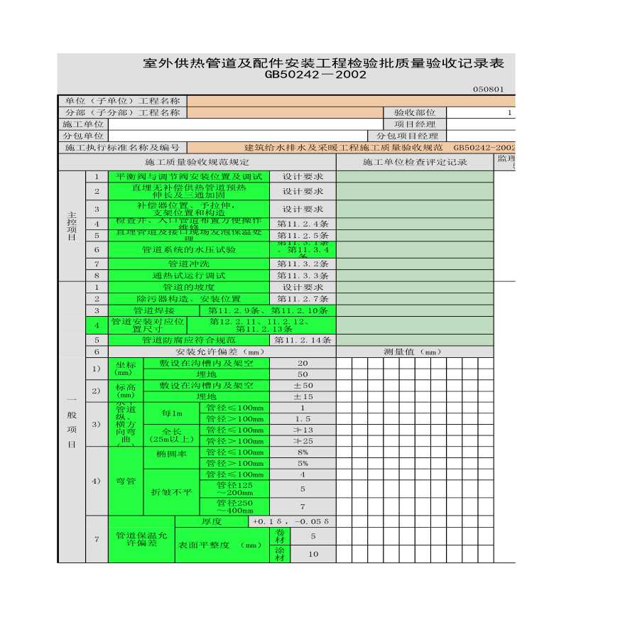 某室外供热管道及配件安装的工程检验批质量验收记录表