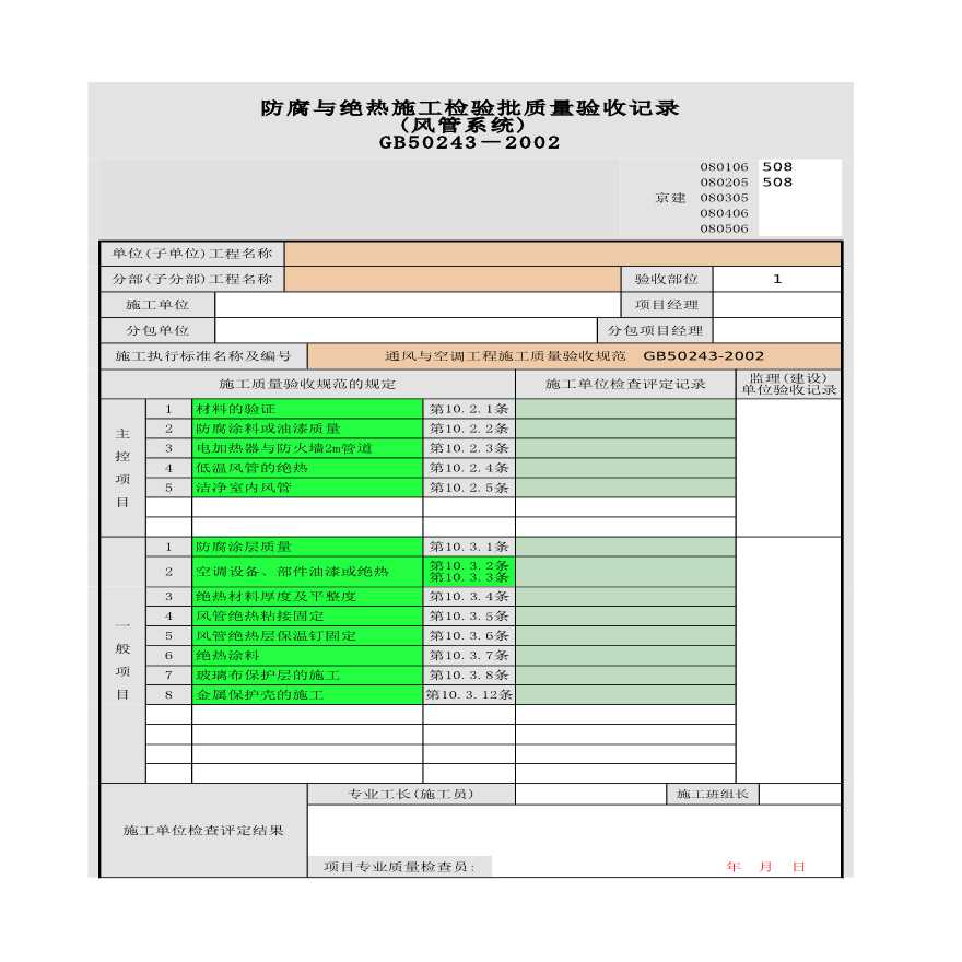 防腐与绝热施工检验批质量验收记录 (风管系统)