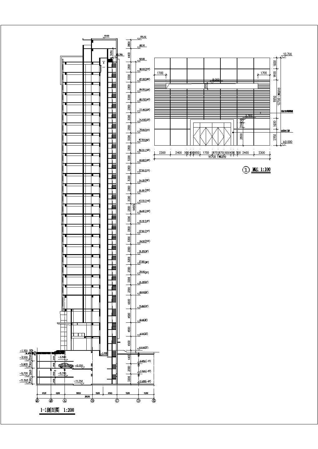 1.7万平米27层框剪结构商住公寓楼平立剖面设计CAD图纸（1-3层商用）