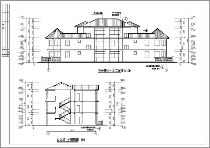 福州某商业街2800平米3层框架结构商务会所平立剖面设计CAD图纸_图1