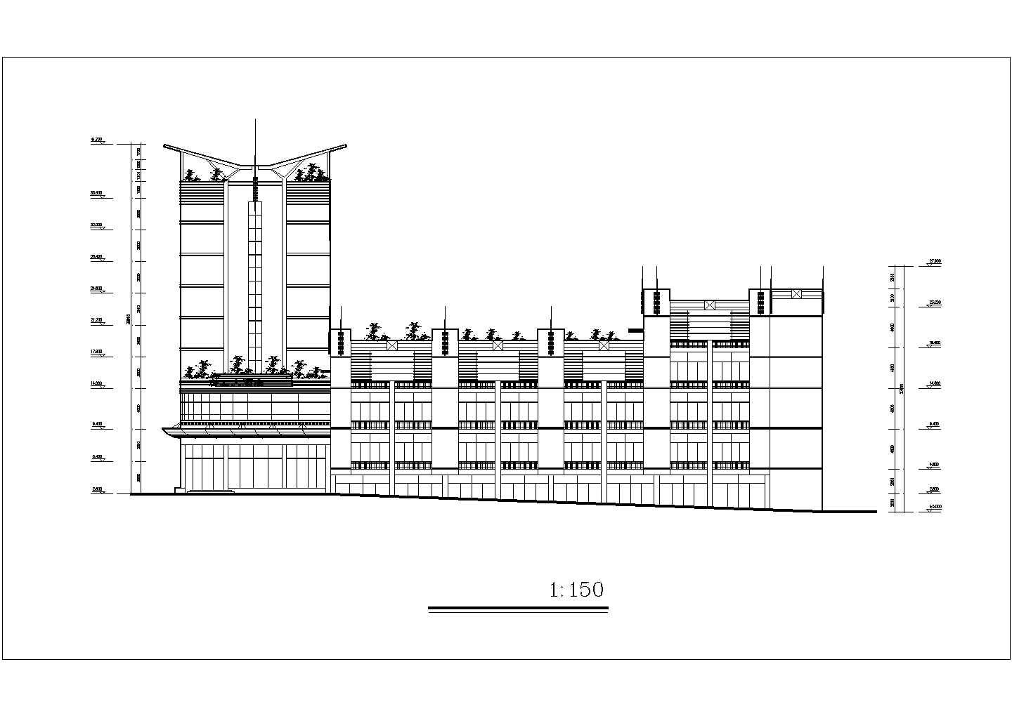 7300平米左右8层框混结构商务宾馆平立剖面设计CAD图纸