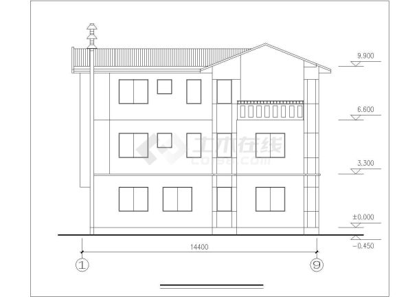 宁波市某别墅区410平米3层混合结构独立别墅平立剖面设计CAD图纸-图二