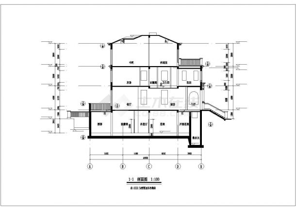 某现代化村镇3层砖混结构乡村别墅立剖面设计CAD图纸（含地下室）-图一