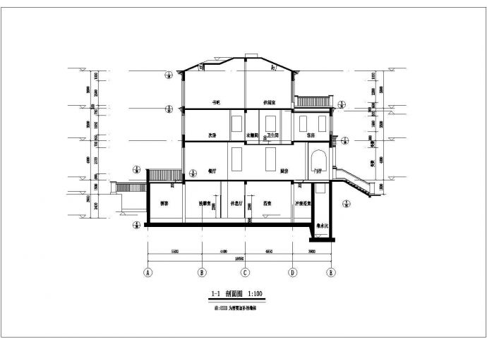 某现代化村镇3层砖混结构乡村别墅立剖面设计CAD图纸（含地下室）_图1