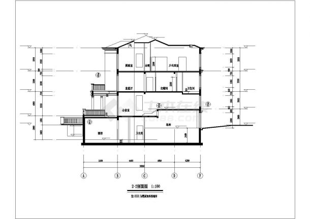 某现代化村镇3层砖混结构乡村别墅立剖面设计CAD图纸（含地下室）-图二