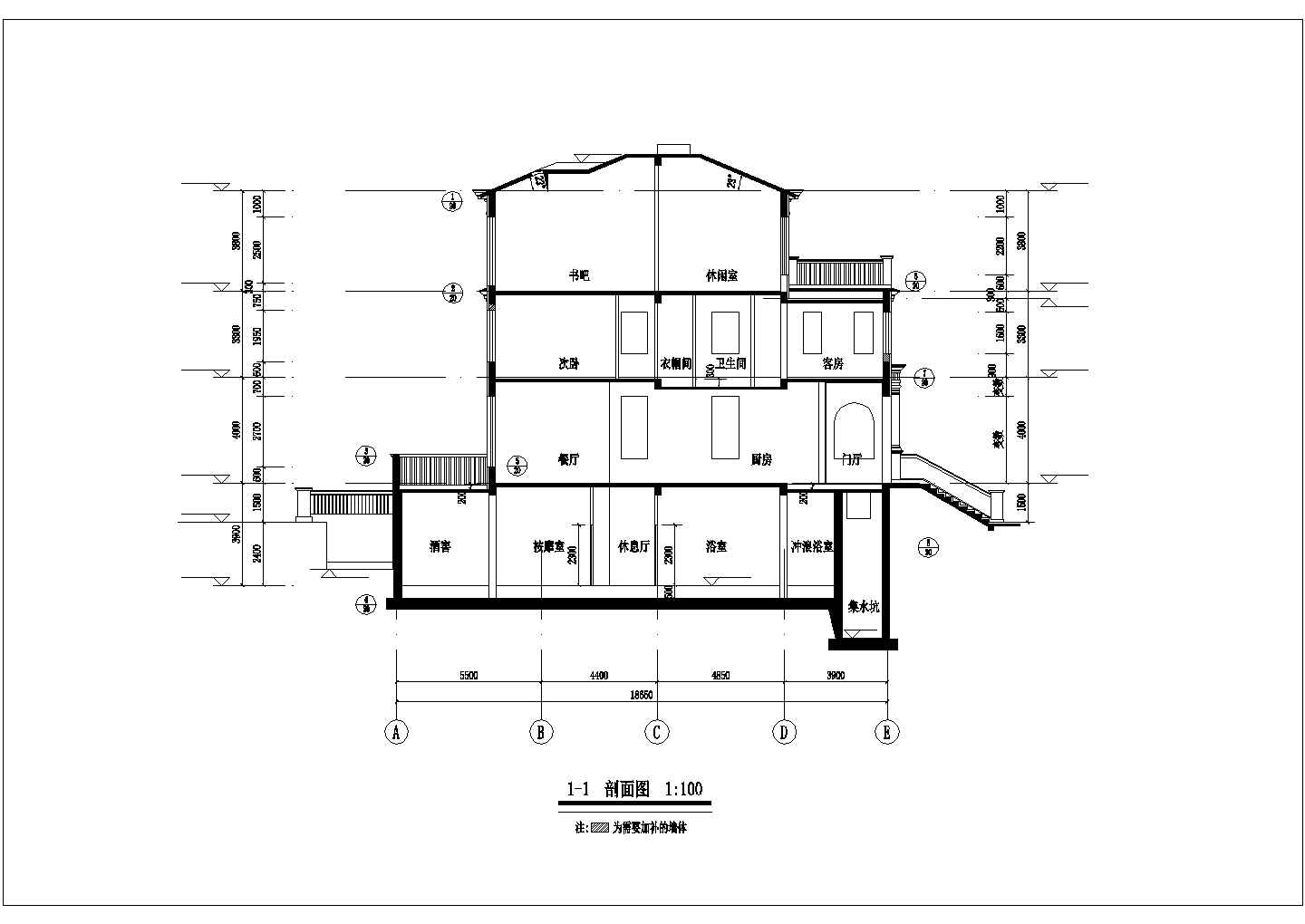 某现代化村镇3层砖混结构乡村别墅立剖面设计CAD图纸（含地下室）