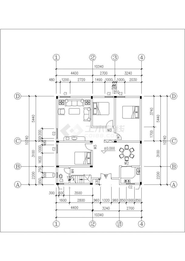 210平米2层钢混框架结构单体别墅平立剖面设计CAD图纸（含天面层）-图二
