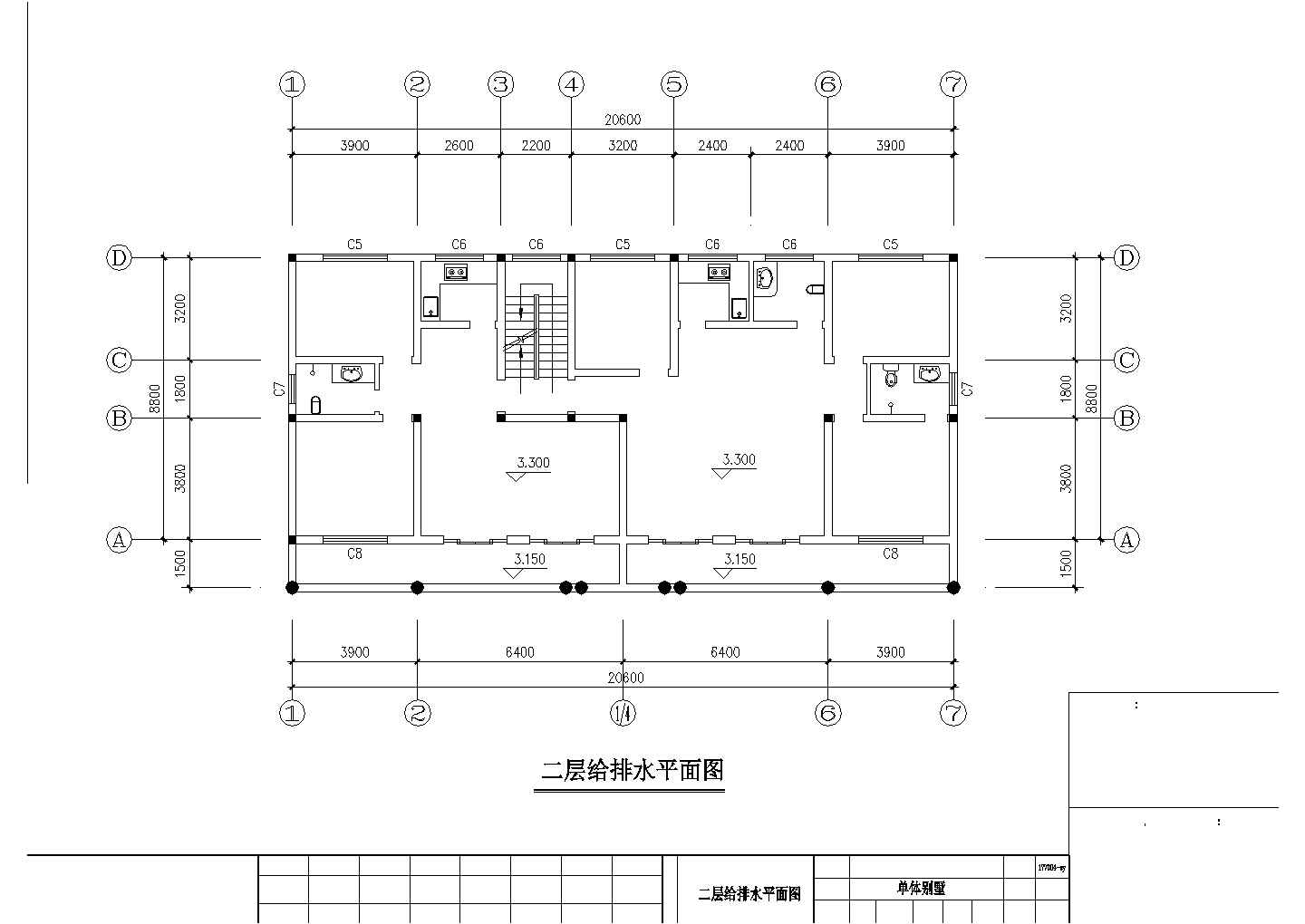 青岛市某别墅区三层框架结构双拼别墅全套给排水设计CAD图纸