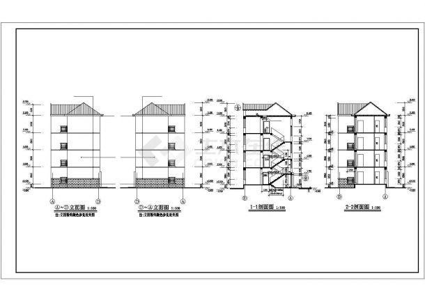 1100平米左右4层框架结构职工宿舍楼平立剖面设计CAD图纸-图二