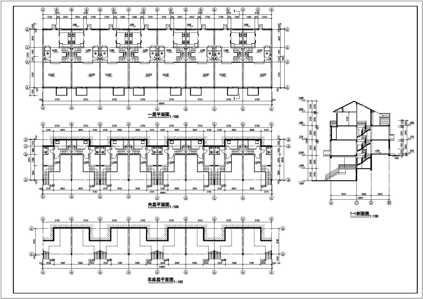 常州某别墅三层框混结构8户组合连体别墅平立剖面设计CAD图纸