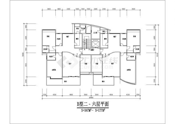 北京日丽花苑小区1400平米7层框混结构住宅楼平面设计CAD图纸-图二