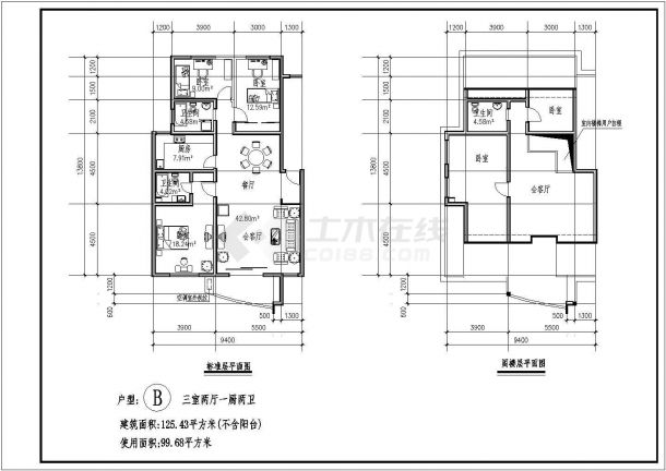 富华澜泊湾小区住宅户型平面设计CAD图纸-图二