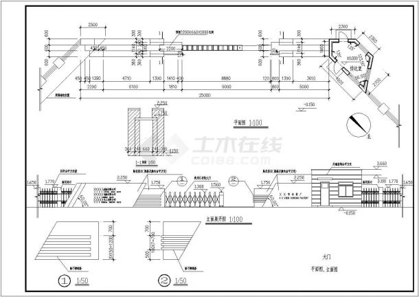 某长25米 宽3米 厂区大门 （含传达室）建筑设计cad施工图-图一