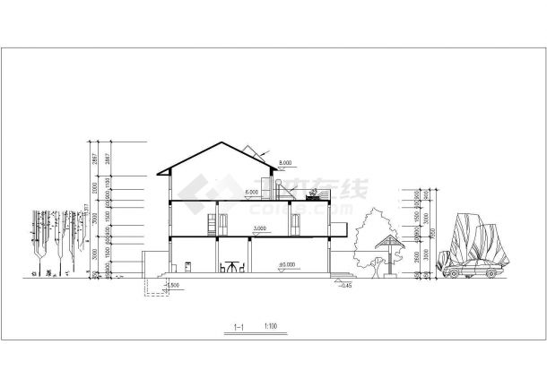 2+1层框架结构双拼别墅平立剖面设计CAD图纸（每户335平米）-图一