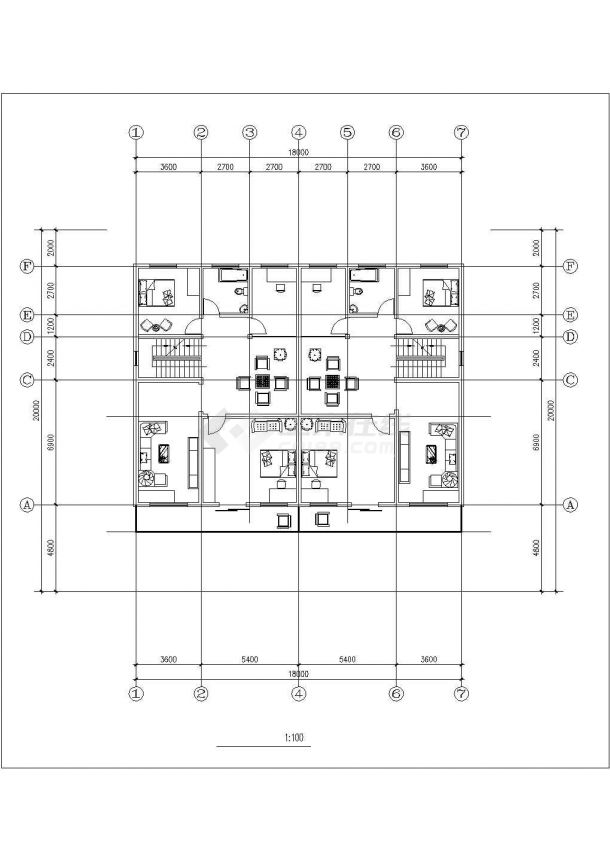 2+1层框架结构双拼别墅平立剖面设计CAD图纸（每户335平米）-图二