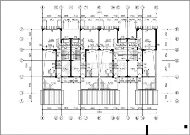 三层框架结构四户并联式别墅平立剖面设计CAD图纸（每户315平米）-图一