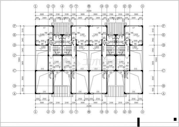 三层框架结构四户并联式别墅平立剖面设计CAD图纸（每户315平米）-图二