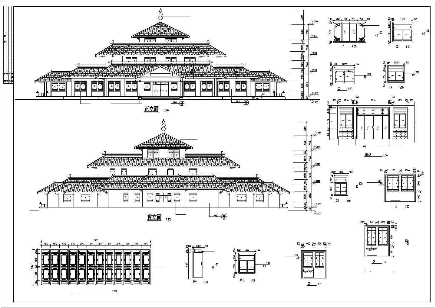 某三层仿古住宅建筑全套设计施工方案CAD图纸