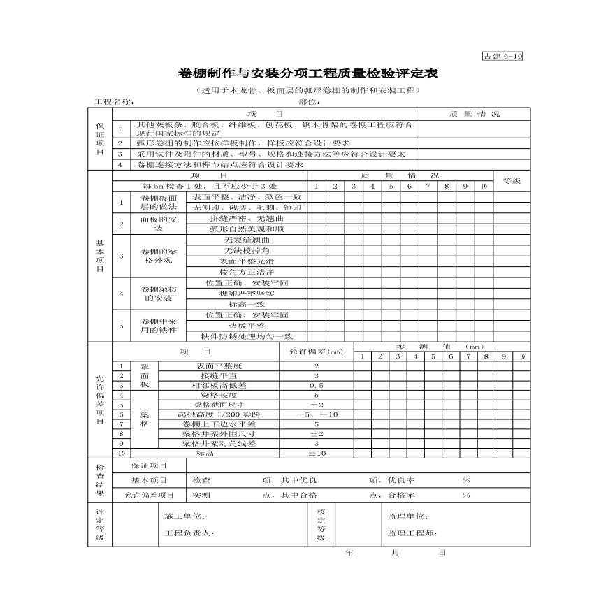 卷棚制作与安装分项工程质量表-图一