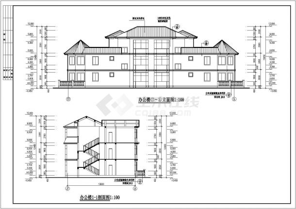 450平米3层框架结构别墅型办公楼全套建筑设计CAD图纸-图一