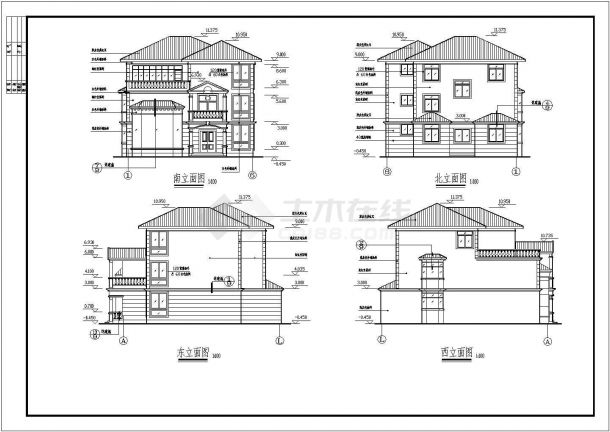 瓦房屋顶别墅建筑方案CAD参考示意图-图二