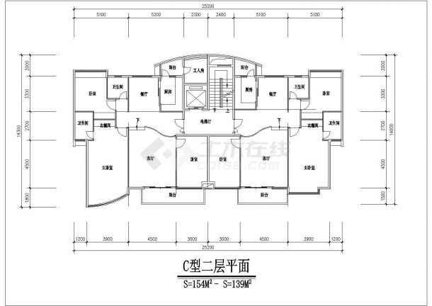 1200平米7层混合结构住宅楼平面设计CAD图纸（1层2户）-图二