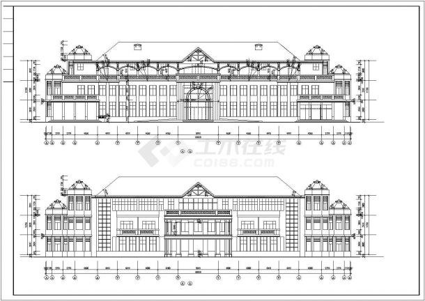 烟台市某现代化社区2400平米3层框混结构活动会所建筑设计CAD图纸-图二