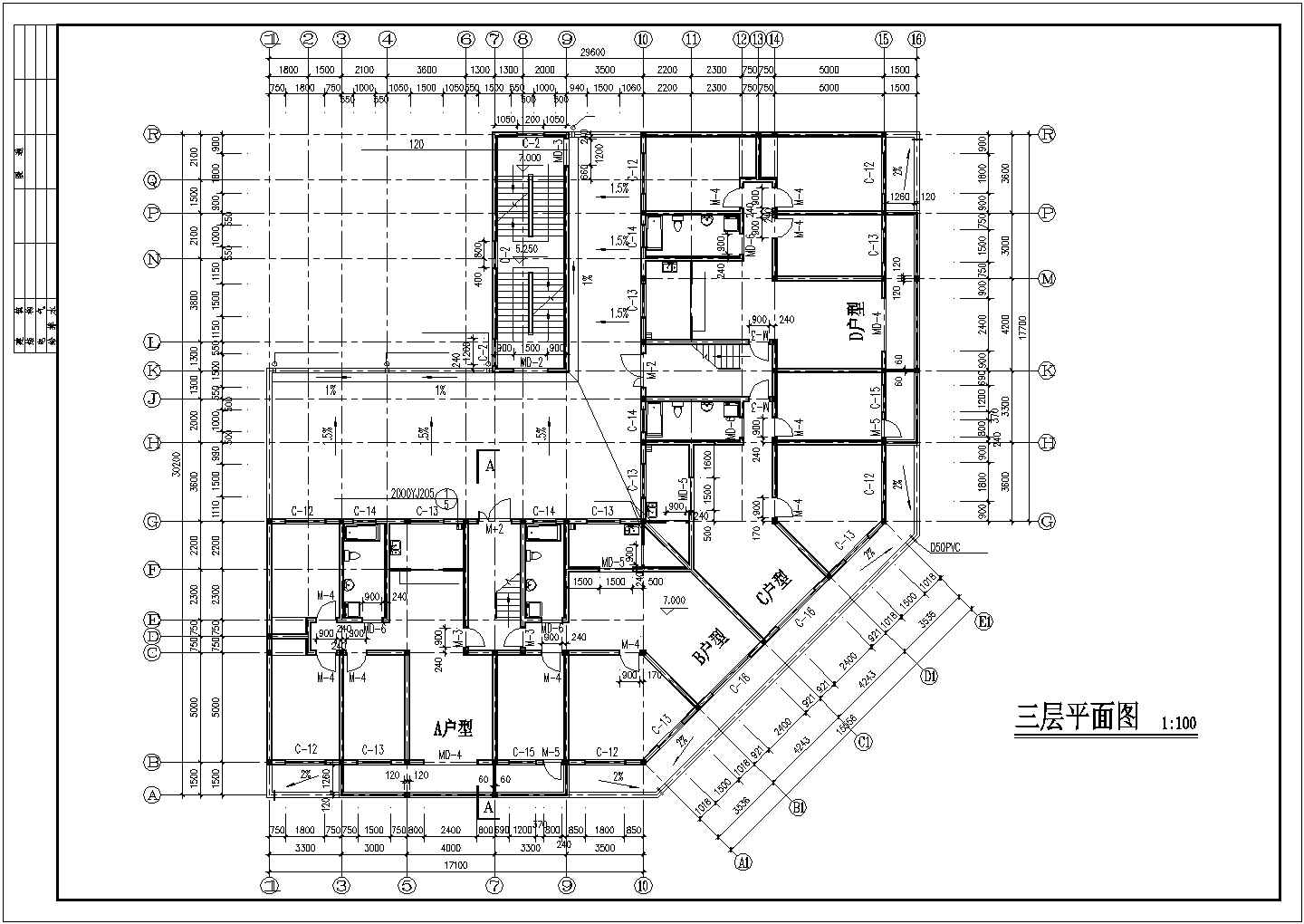 某小区3250平米六层框混结构商住楼建筑设计CAD图纸（1-2层商用）