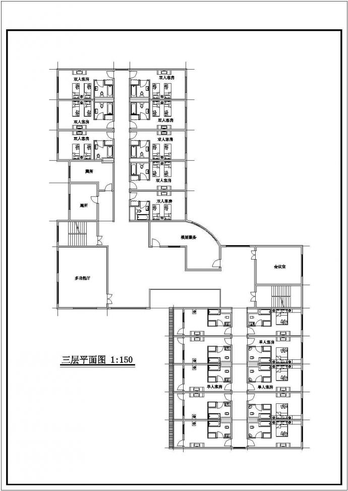 四套2400平米4层砖混结构休闲旅馆全套建筑设计CAD图纸_图1