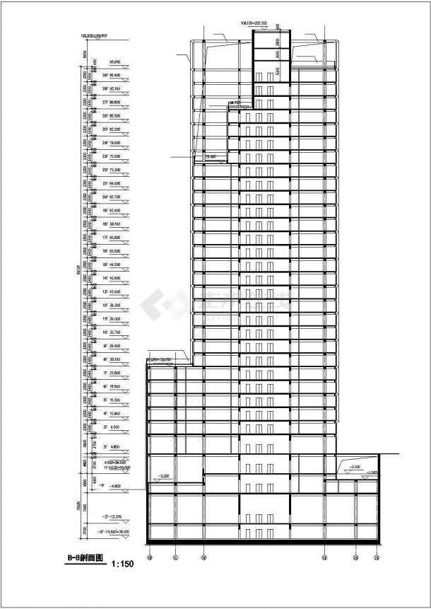 某商业街29层框剪结构商业写字楼立剖面设计cad图纸(不含地下3层)