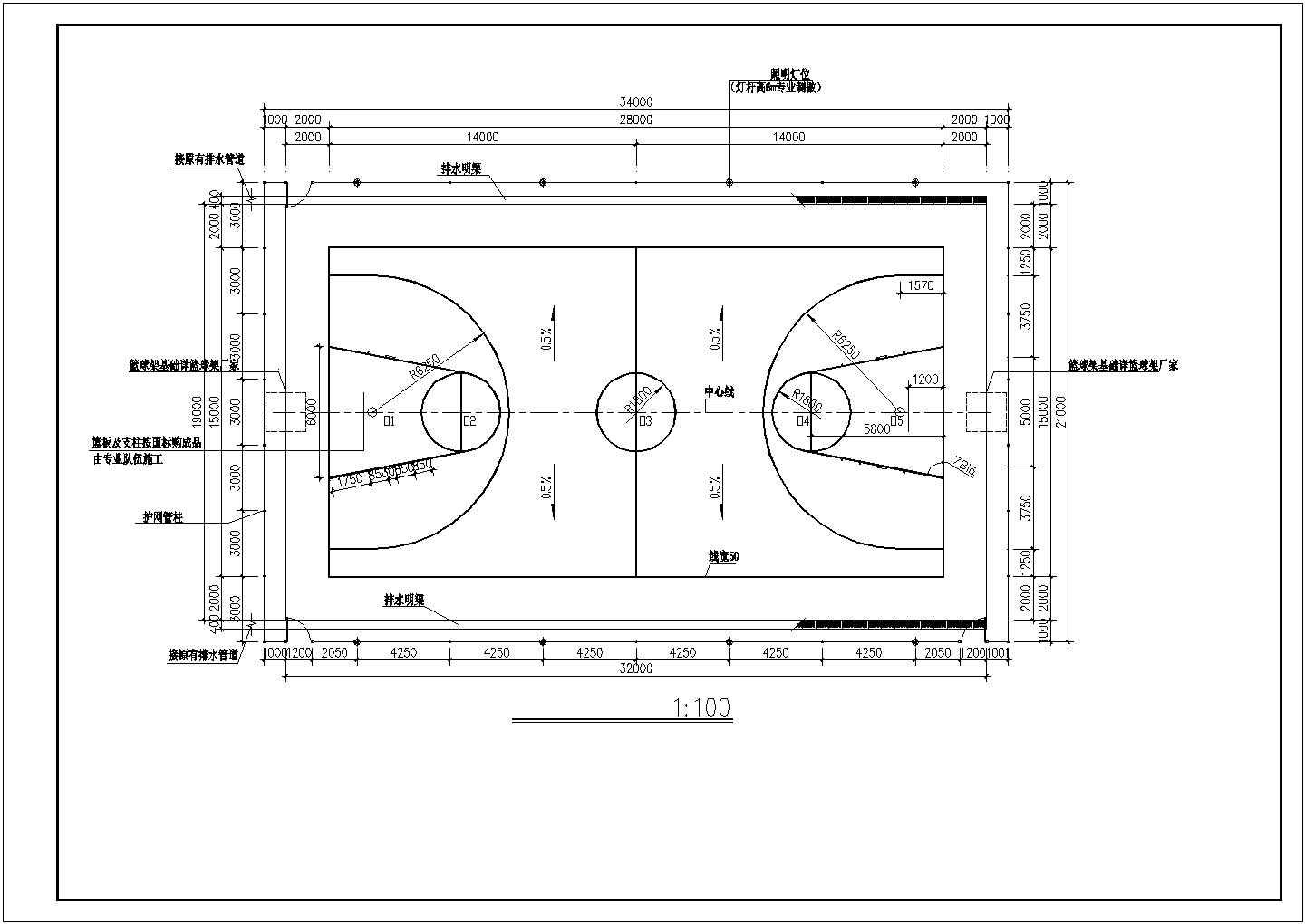 某地区地室外塑胶篮球场建筑设计施工CAD图纸