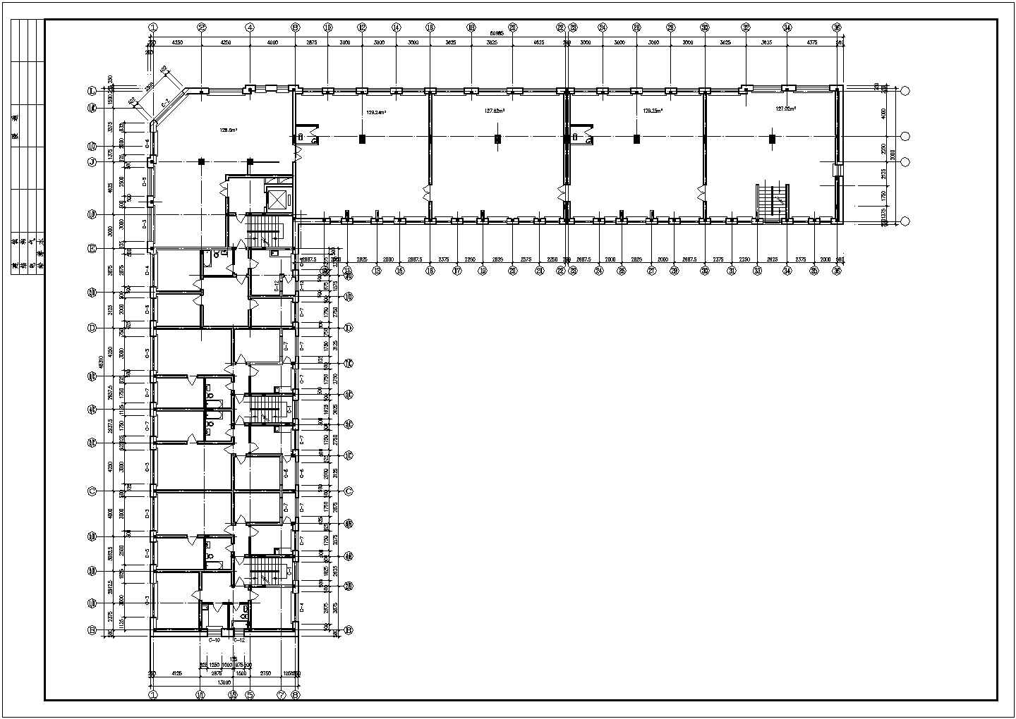 辽阳市某单位1.2万平米6层L型办公楼平面设计CAD图纸