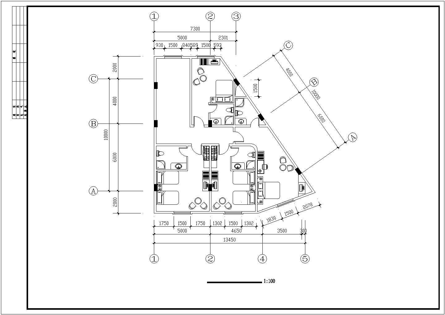 成都市某2400平米左右6层连锁旅馆平面设计CAD图纸