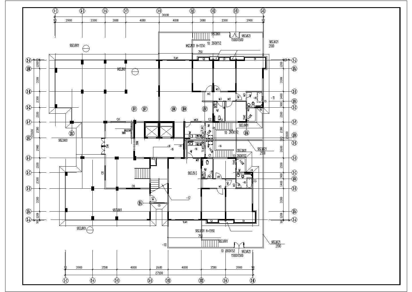 衢州市某商业楼9层框架结构商住楼平面设计CAD图纸（底层商铺）