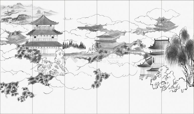 中式楼阁山水壁纸壁画 (35).jpeg-图一