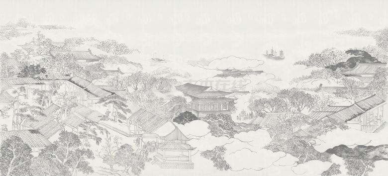 中式楼阁山水壁纸壁画 (41).jpeg-图一