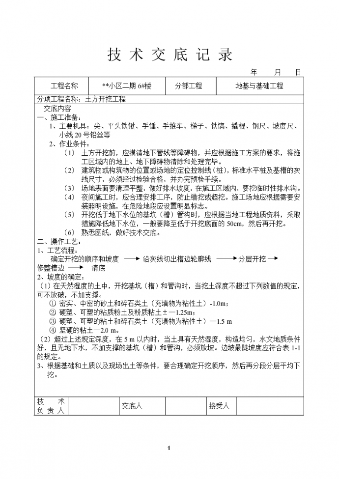 小区楼地基与基础工程土方开挖工程技术交底记录施工方案_图1