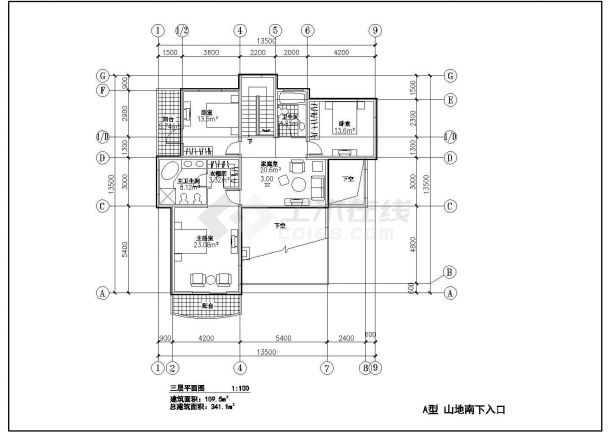 某南京山地别墅CAD详细A户型设计大样结构施工方案-图一