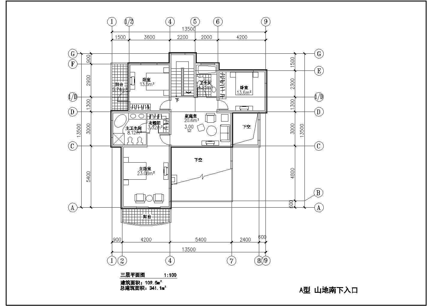 某南京山地别墅CAD详细A户型设计大样结构施工方案