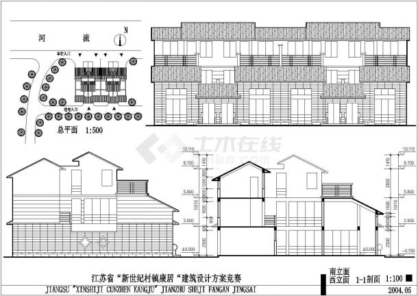 上海某小区3层框架结构四户并联别墅全套建筑设计CAD图纸-图一