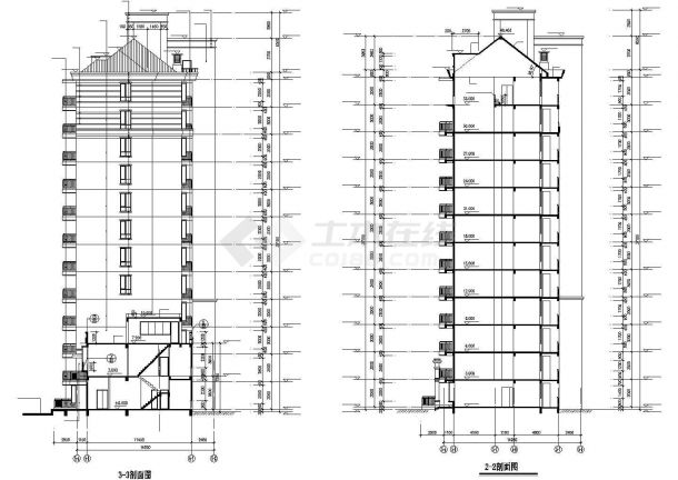 北京某小区三栋12层框架结构组合式商住楼立剖面设计CAD图纸-图一